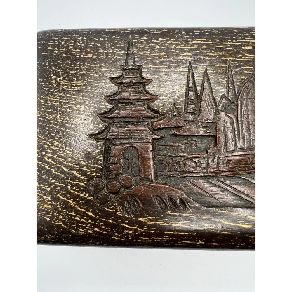 Antique George Zee Chest Jewelry‎ Box Hand Carved Wood Chinese Scene